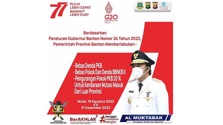 Pemerintah Provinsi Banten Memberlakukan Bebas Denda PKB, Bebas Pokok dan Dendan BBNKB II, Pengurangan Pokok PKB 20% Untuk Kendaraan Mutasi Masuk Dari Luar Negeri